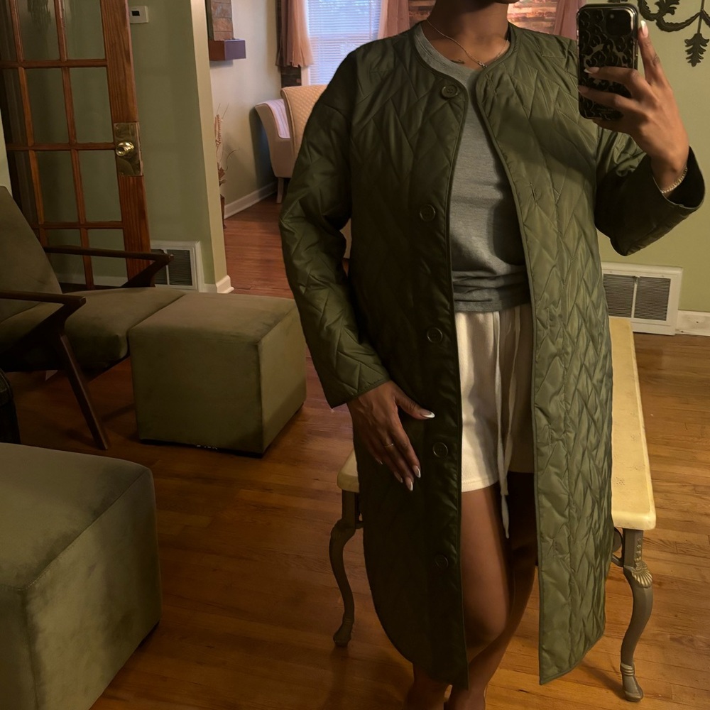 Olive green overcoat. Perfect for fall!
